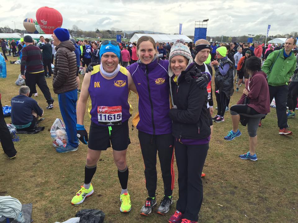 David, Lynn and Katie keep warm at the start