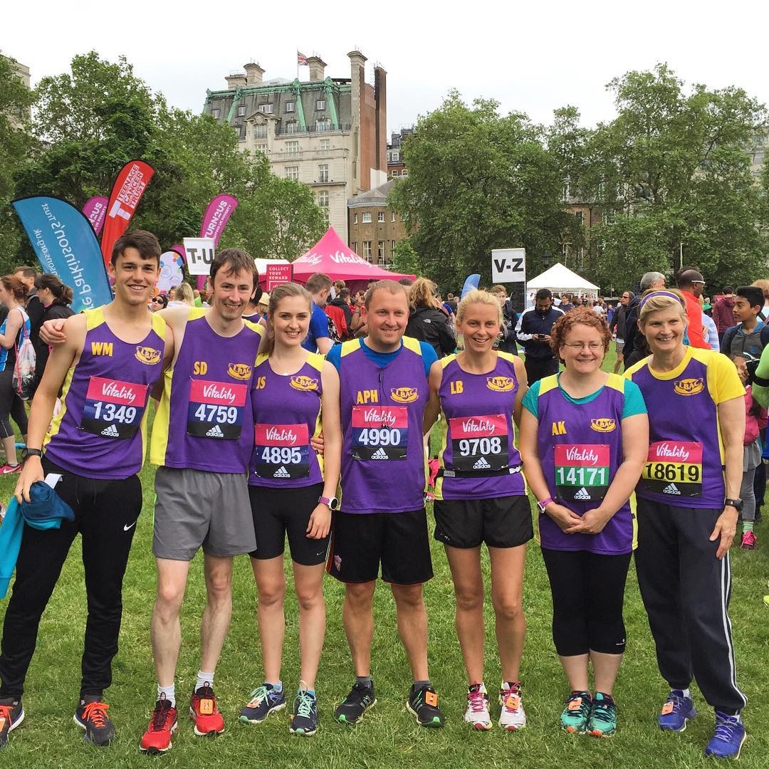 Charlie, Sam, Jo, Andrew, Lisa, Alex and Susan prepare for the race in Green Park